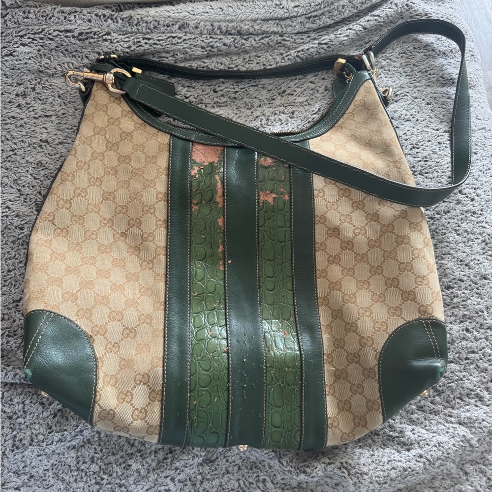 Gucci Beige GG Canvas Green Crocodile Trim Secret Medium Hobo Bag.